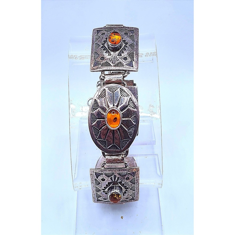 Sterling Silver Amber Cabochon Southwestern Chunky Link Panel Bracelet 7"